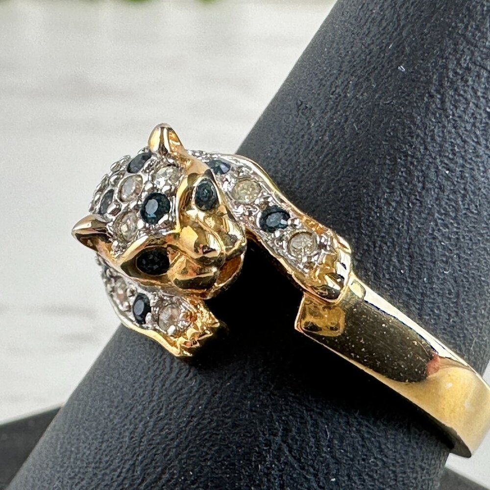 Gold-Tone Panther Ring With Blue & Clear Rhinestones Size 10